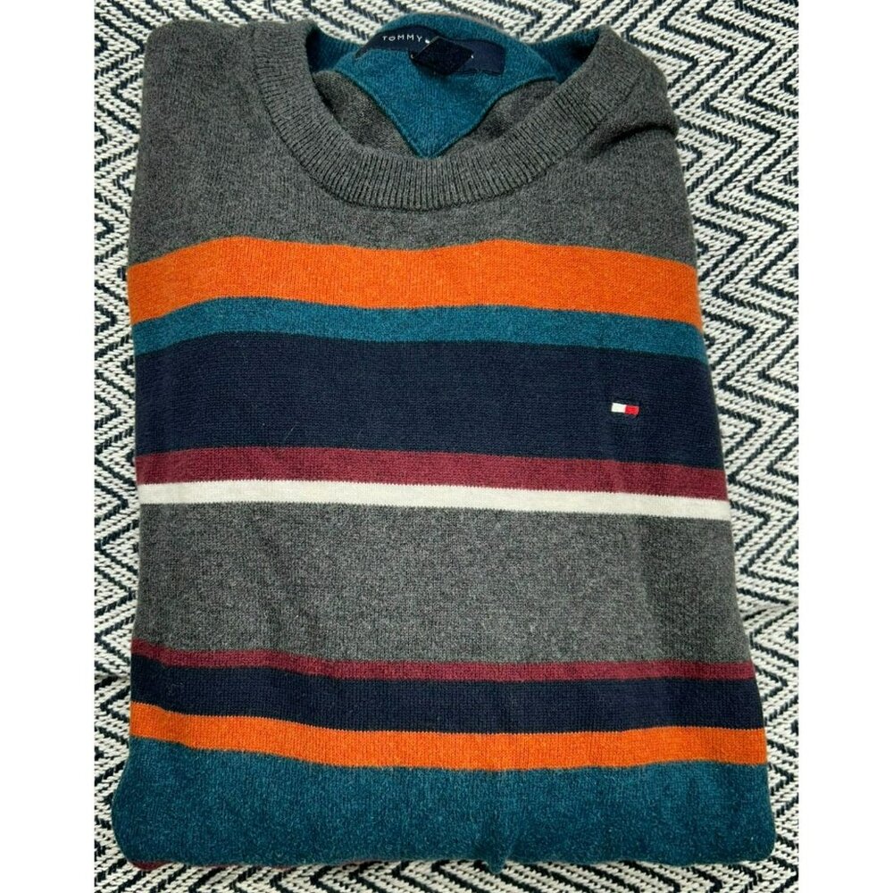 Tommy Hilfiger Men's XL Gray V-Neck Striped Sweater Orange/Blue/Red Cotton Blend